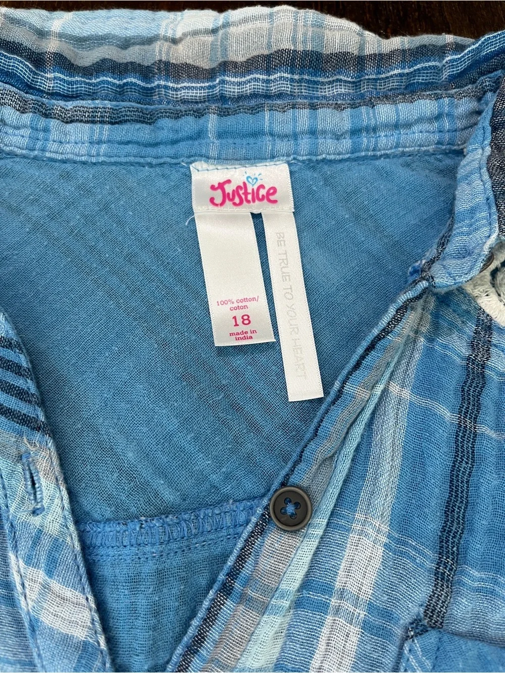 Justice Blue Plaid Button-Down Shirt with Lace Shoulders